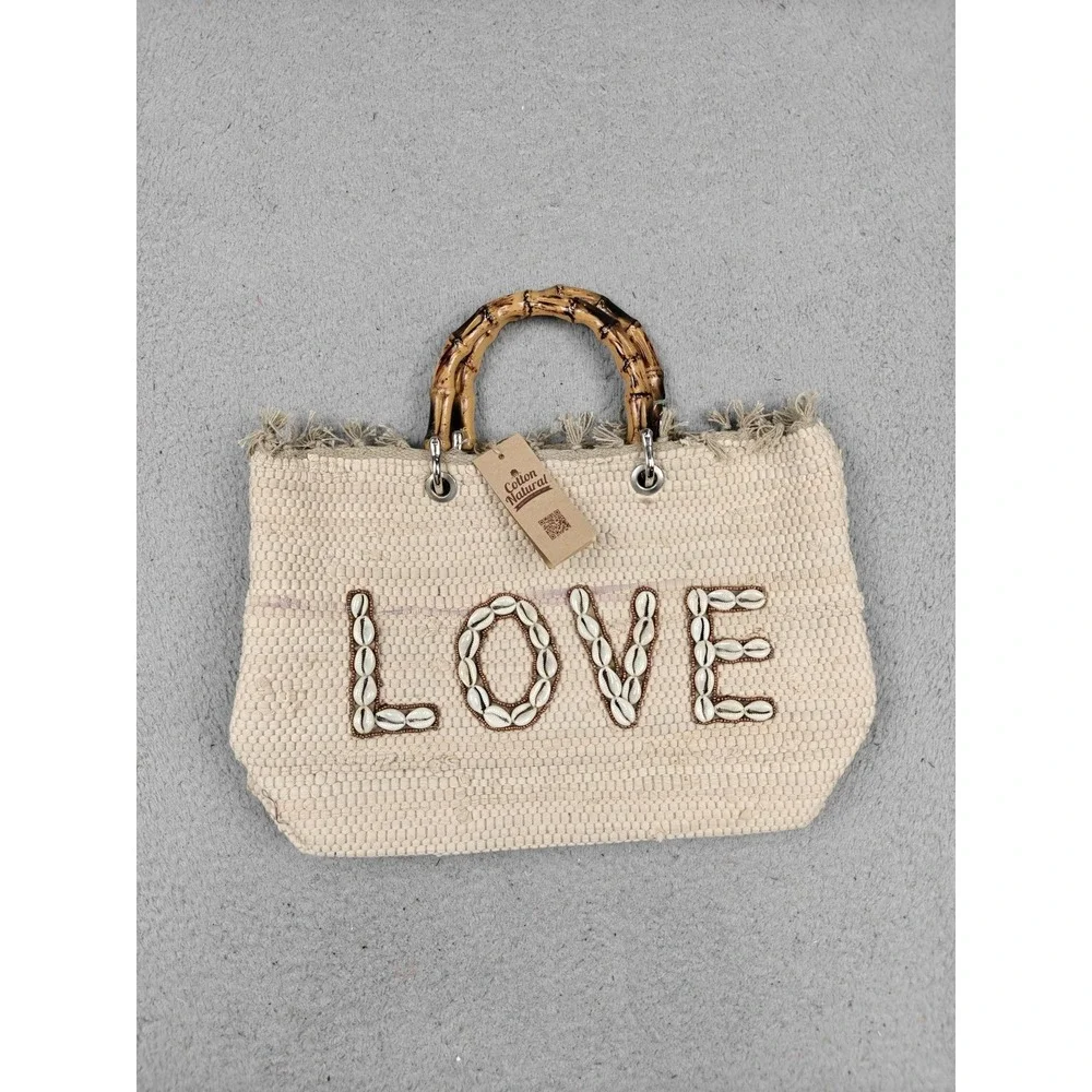 Beach Queen Tote Bag Womens Large Beige LOVE Shell‎ Bamboo Handles Woven Beach